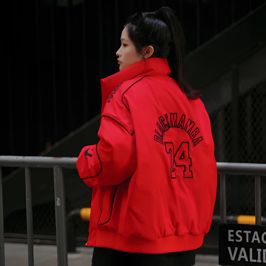 Sanhoostudio oversized down jacket designed for winter warmth and hip-hop streetwear style. Built with a relaxed unisex fit, perfect for couples and everyday winter layering.