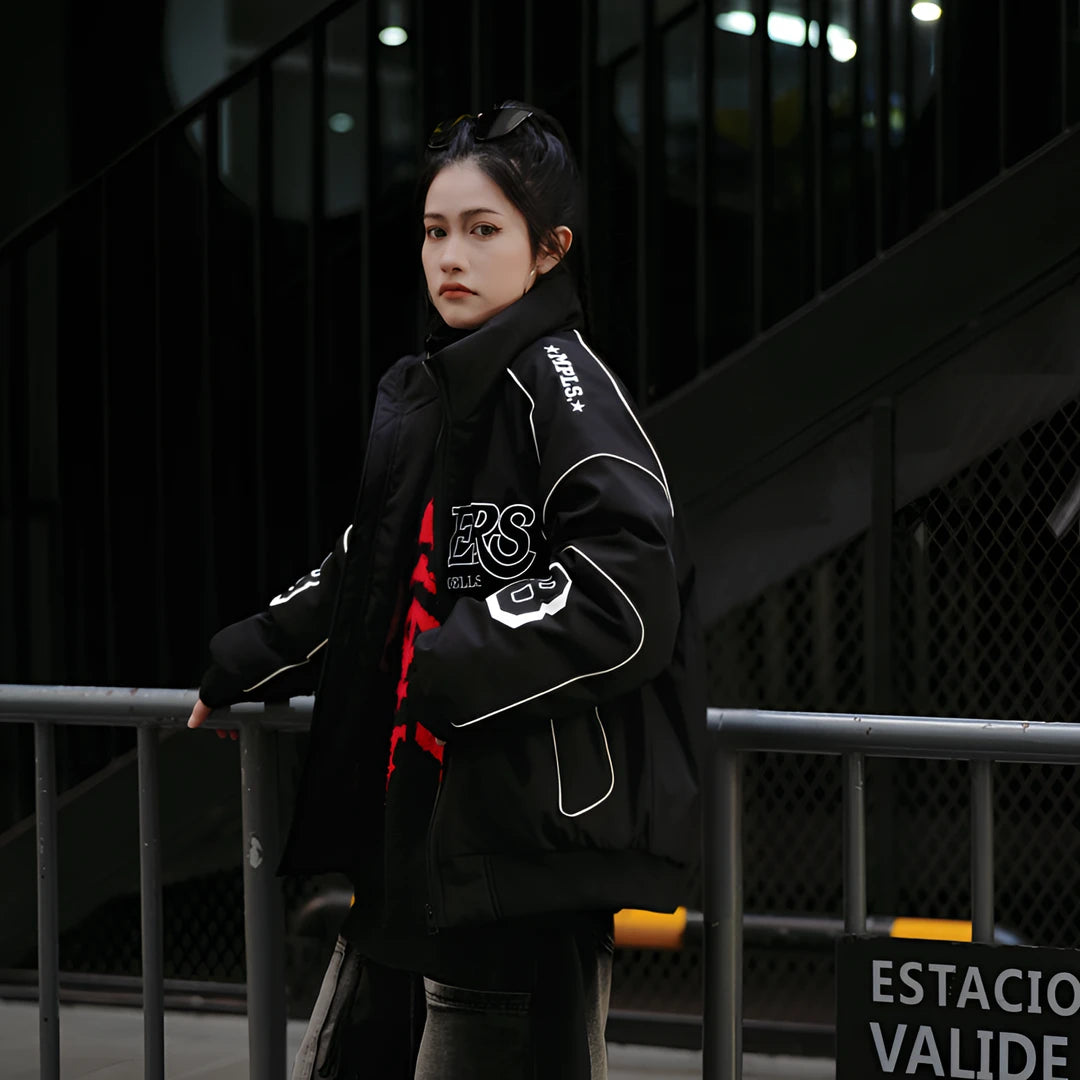 Sanhoostudio oversized down jacket designed for winter warmth and hip-hop streetwear style. Built with a relaxed unisex fit, perfect for couples and everyday winter layering.