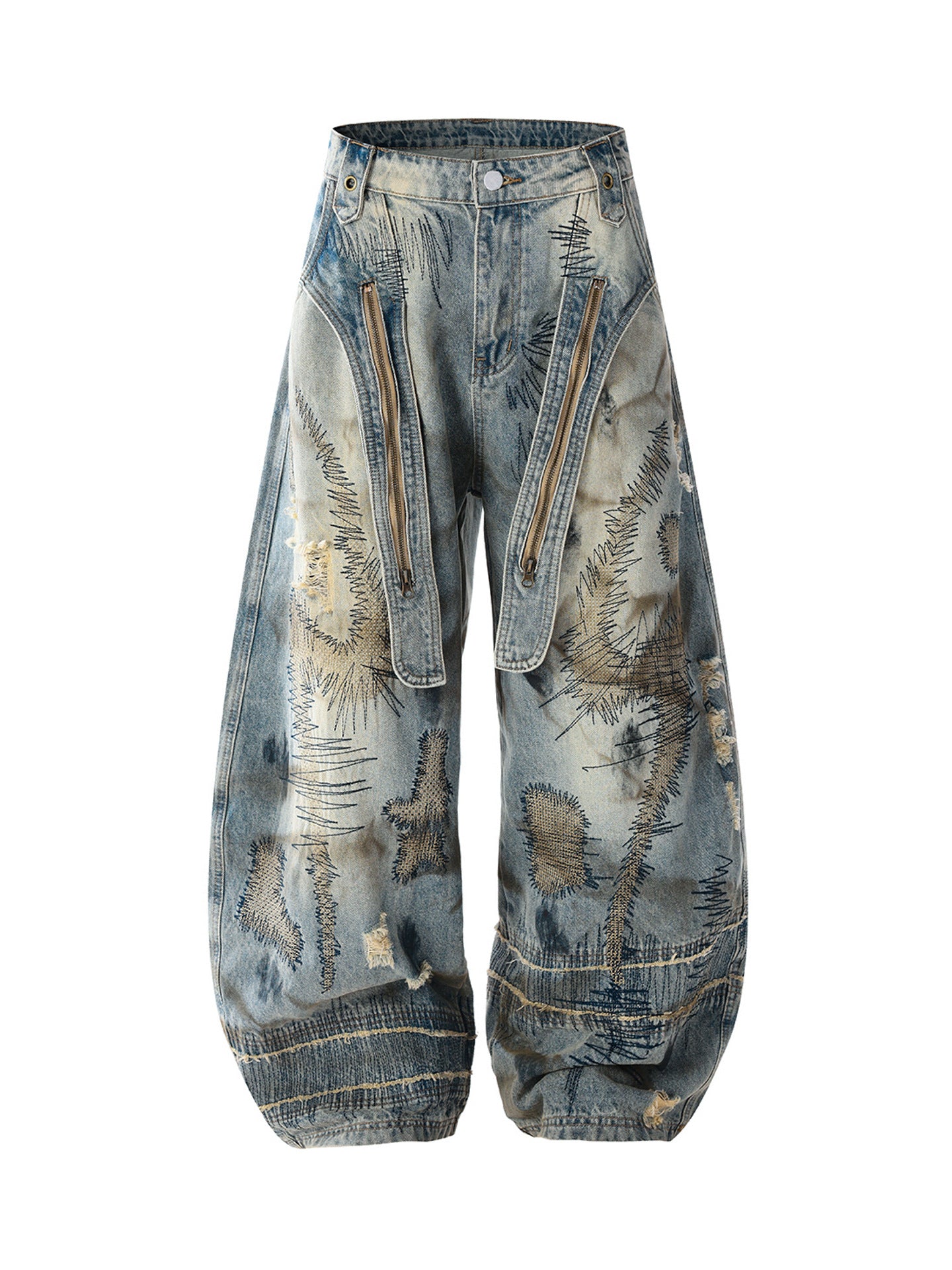Sanhoostudio wide leg denim pants featuring distressed wash, heavy embroidery, and wasteland-inspired design. Built with a loose fit silhouette for bold streetwear styling.