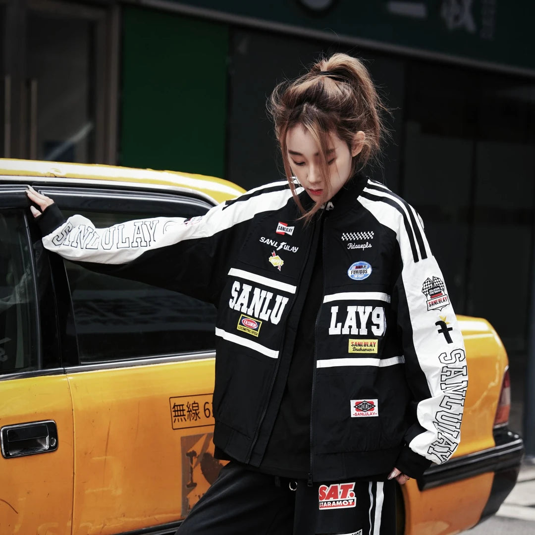 Sanhoostudio retro racing jacket inspired by vintage motorsport culture with relaxed streetwear silhouette.