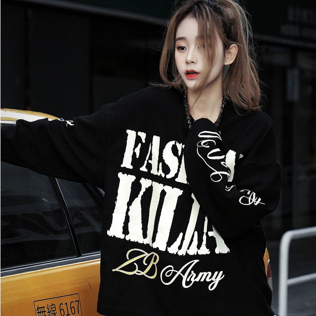Sanhoostudio long sleeve T-shirt featuring graffiti letter print and vintage streetwear design for everyday urban styling.