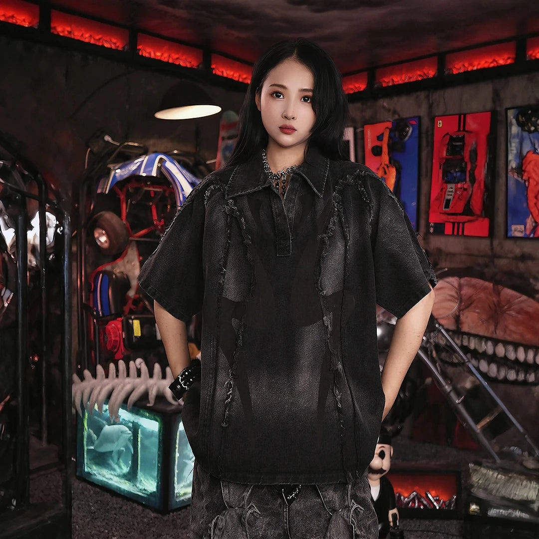 Sanhoostudio denim short sleeve shirt featuring raw edge finish, patchwork design, and relaxed silhouette for modern streetwear styling.