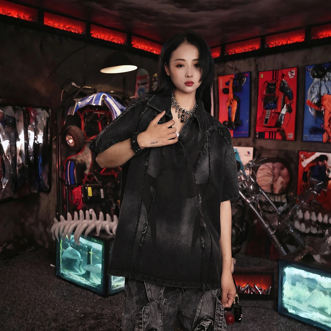 Sanhoostudio denim short sleeve shirt featuring raw edge finish, patchwork design, and relaxed silhouette for modern streetwear styling.