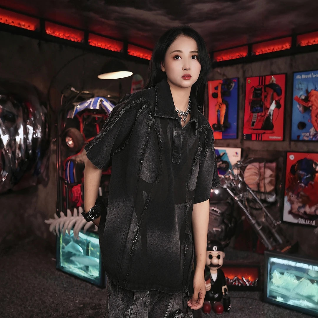 Sanhoostudio denim short sleeve shirt featuring raw edge finish, patchwork design, and relaxed silhouette for modern streetwear styling.