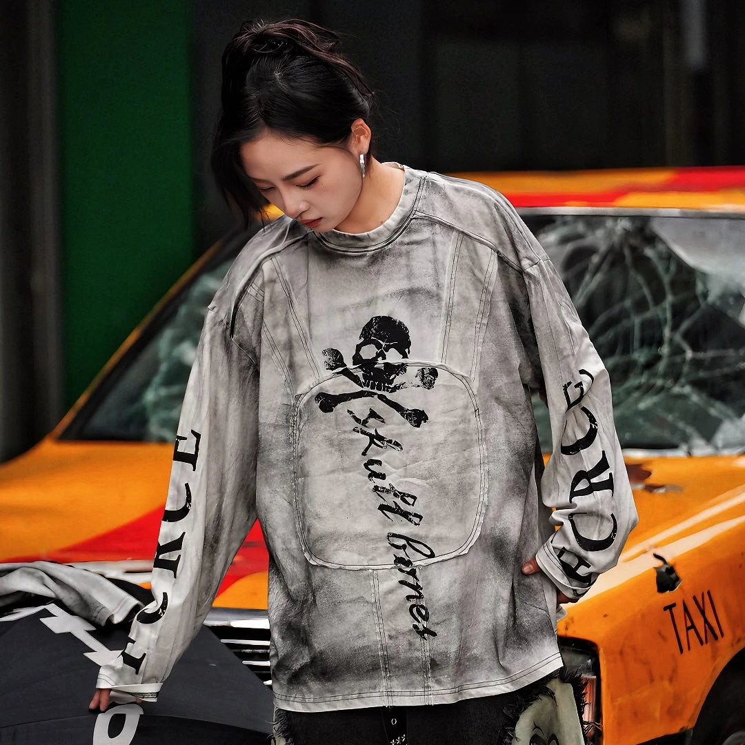 Sanhoostudio long sleeve T-shirt featuring printed graphics and layered design for modern streetwear styling and everyday wear.