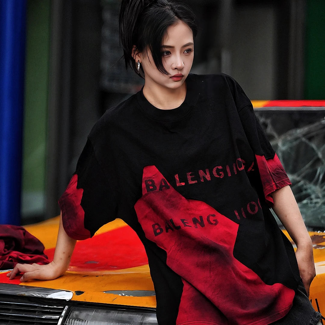 Sanhoostudio short sleeve T-shirt featuring colorblock design, deconstructed cut, and relaxed fit silhouette for modern streetwear outfits.