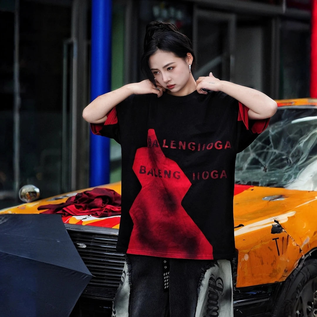 Sanhoostudio short sleeve T-shirt featuring colorblock design, deconstructed cut, and relaxed fit silhouette for modern streetwear outfits.