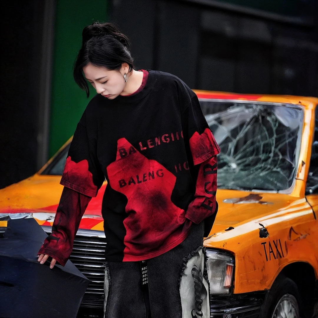 Sanhoostudio short sleeve T-shirt featuring colorblock design, deconstructed cut, and relaxed fit silhouette for modern streetwear outfits.