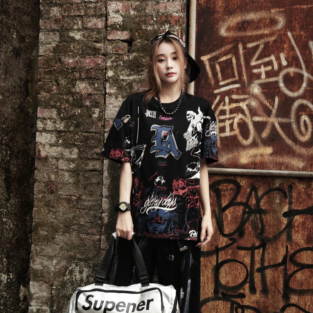 Sanhoostudio T-shirt featuring skull graphic, graffiti design, and distressed wash for standout streetwear outfits.