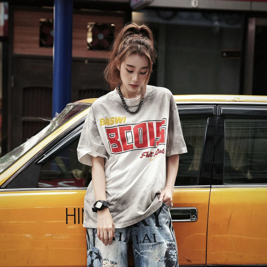 Sanhoostudio longline T-shirt featuring extended length and relaxed fit for modern streetwear styling and everyday wear.