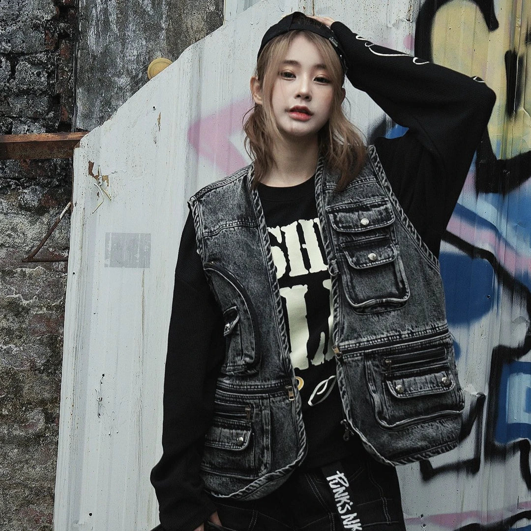 Sanhoostudio utility vest featuring multi-pocket design, distressed wash, and relaxed fit for functional streetwear styling.