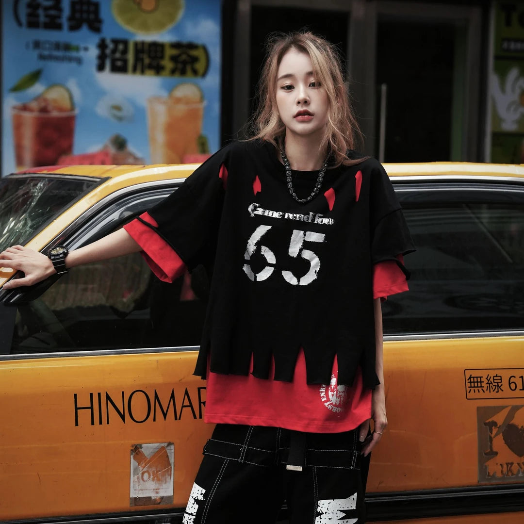 Sanhoostudio short sleeve T-shirt featuring distressed finish, ripped details, and relaxed fit design. Built for bold streetwear styling with a vintage-inspired aesthetic.