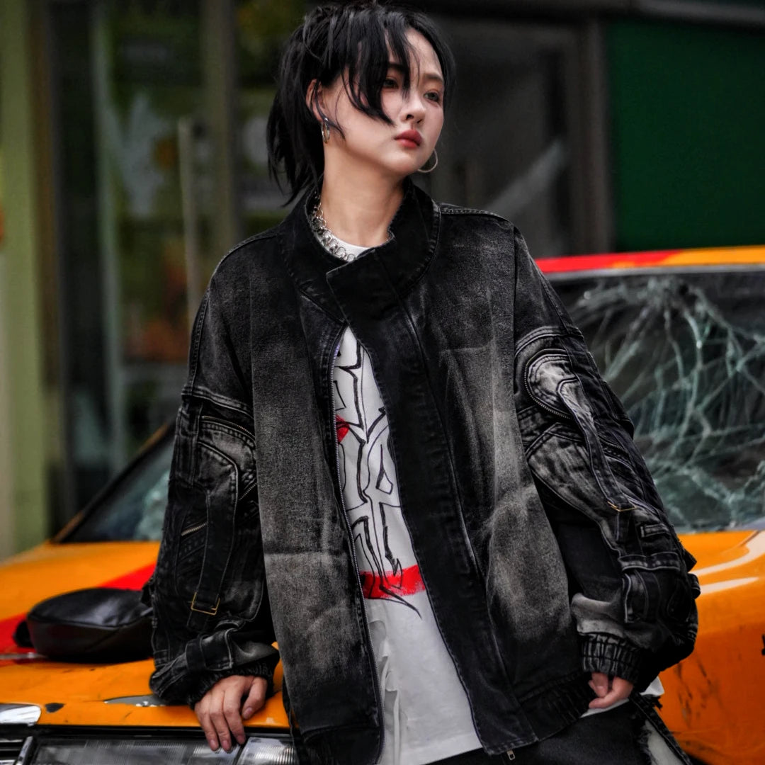 Sanhoostudio denim jacket featuring graffiti artwork, distressed finish, and structured design. Perfect for streetwear layering with a bold aesthetic, durable fabric, and versatile everyday styling.