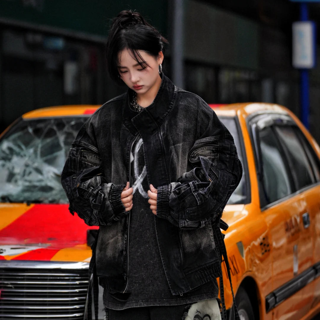 Sanhoostudio denim jacket featuring graffiti artwork, distressed finish, and structured design. Perfect for streetwear layering with a bold aesthetic, durable fabric, and versatile everyday styling.