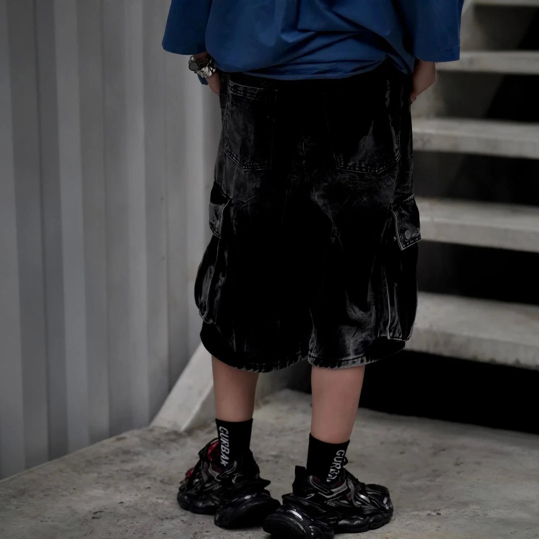 Sanhoostudio denim cargo shorts featuring vintage washed finish, wide leg silhouette, and functional design. Perfect for summer streetwear outfits with comfort, breathability, and casual versatility.