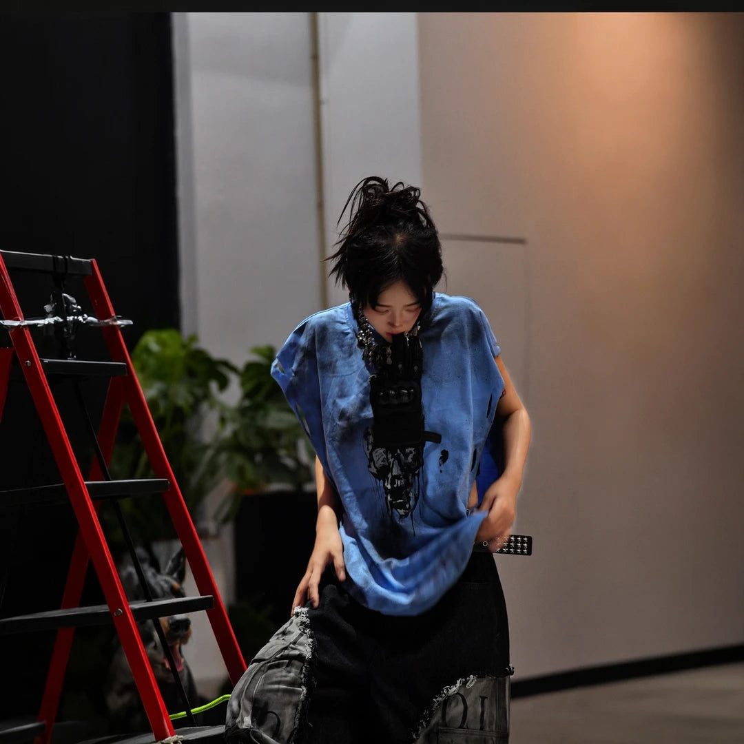 Sanhoostudio short sleeve T-shirt featuring colorblock patchwork design and graphic print. Built for streetwear styling with a relaxed fit and breathable comfort for everyday wear.