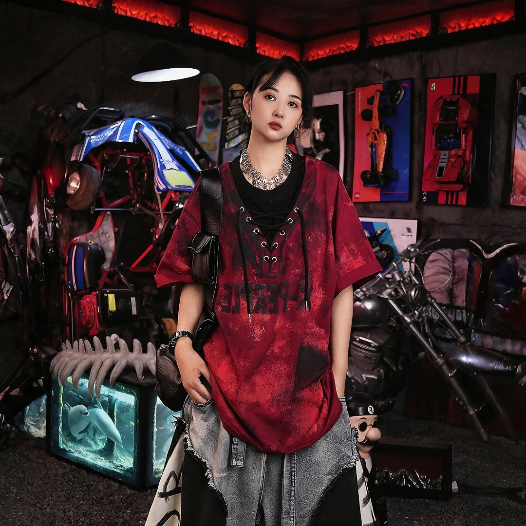 Sanhoostudio short sleeve T-shirt featuring hand painted artwork, patchwork detailing, and oversized fit silhouette. Designed for standout streetwear styling with breathable comfort and relaxed everyday wear.