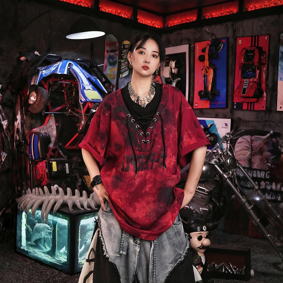 Sanhoostudio short sleeve T-shirt featuring hand painted artwork, patchwork detailing, and oversized fit silhouette. Designed for standout streetwear styling with breathable comfort and relaxed everyday wear.