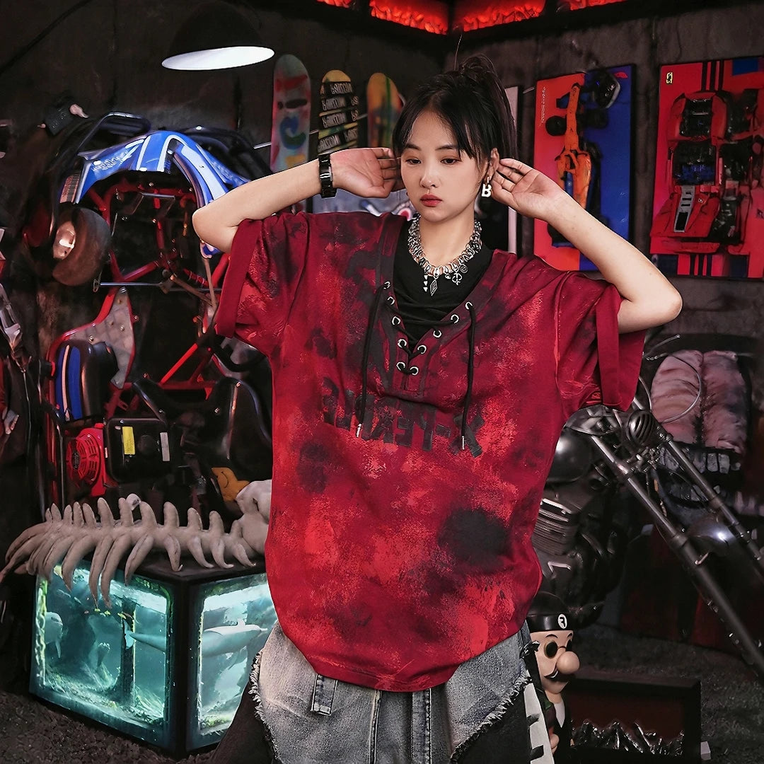 Sanhoostudio short sleeve T-shirt featuring hand painted artwork, patchwork detailing, and oversized fit silhouette. Designed for standout streetwear styling with breathable comfort and relaxed everyday wear.
