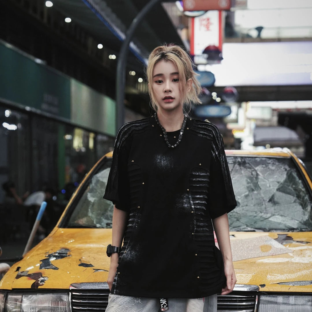 Sanhoostudio short sleeve T-shirt featuring stripe detailing, lightweight cooling fabric, and a comfortable relaxed fit. Perfect for summer wear with breathable comfort and versatile everyday styling.