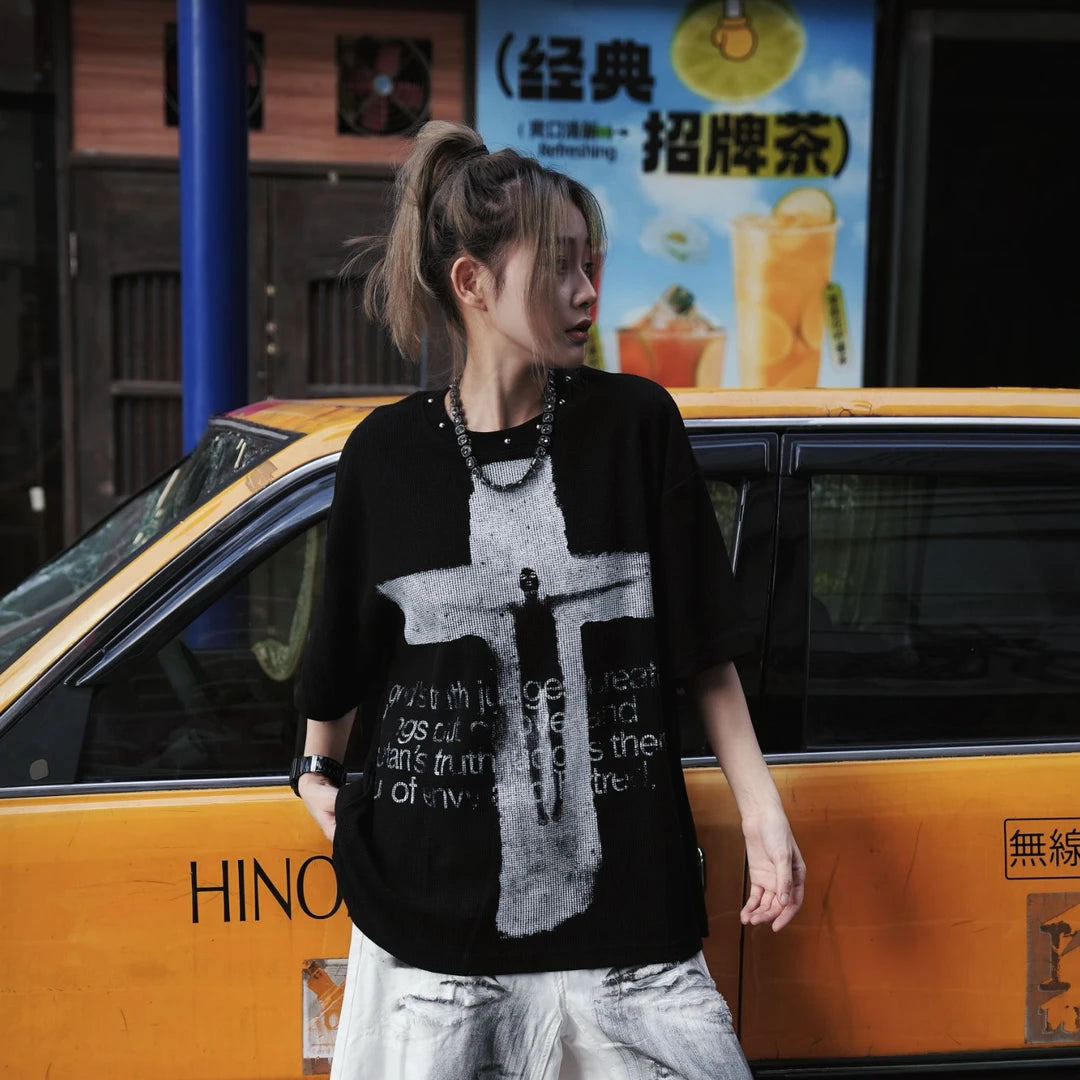 Sanhoostudio short sleeve T-shirt featuring cross and portrait-inspired graphic artwork with a relaxed oversized silhouette. Designed for vintage streetwear styling with breathable comfort, bold visuals, and versatile everyday wear.