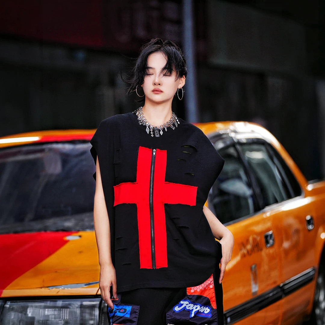 Sanhoostudio short sleeve T-shirt featuring cross-inspired graphics, zipper design elements, hand-painted artwork, and a relaxed oversized silhouette. Built for bold streetwear outfits with breathable comfort and premium graphic styling.