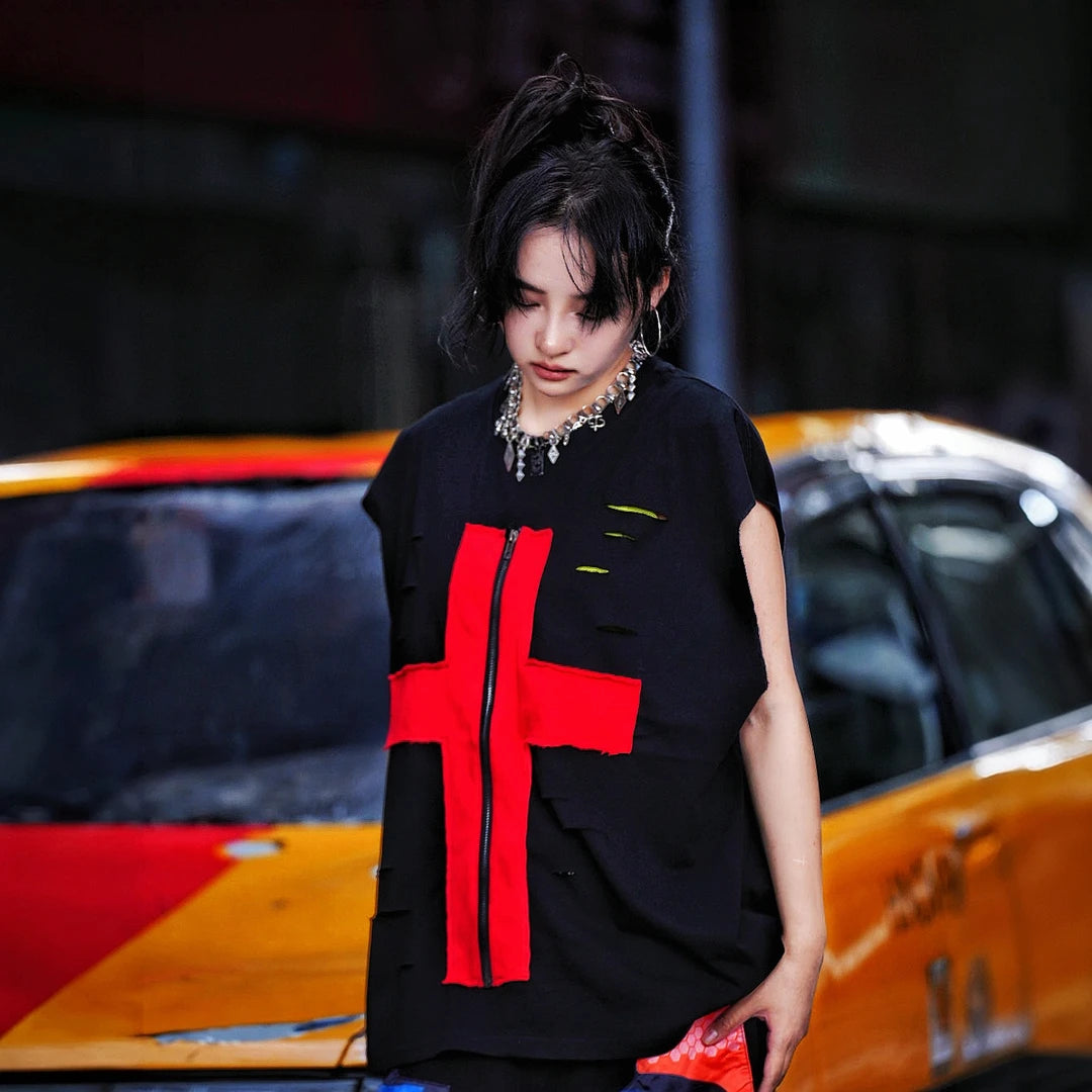 Sanhoostudio short sleeve T-shirt featuring cross-inspired graphics, zipper design elements, hand-painted artwork, and a relaxed oversized silhouette. Built for bold streetwear outfits with breathable comfort and premium graphic styling.