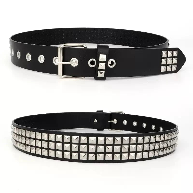 Sanhoostudio belt featuring pyramid stud detailing, premium faux leather construction, and a gothic-inspired design. Perfect for punk, streetwear, and alternative fashion styling with durable everyday wear.