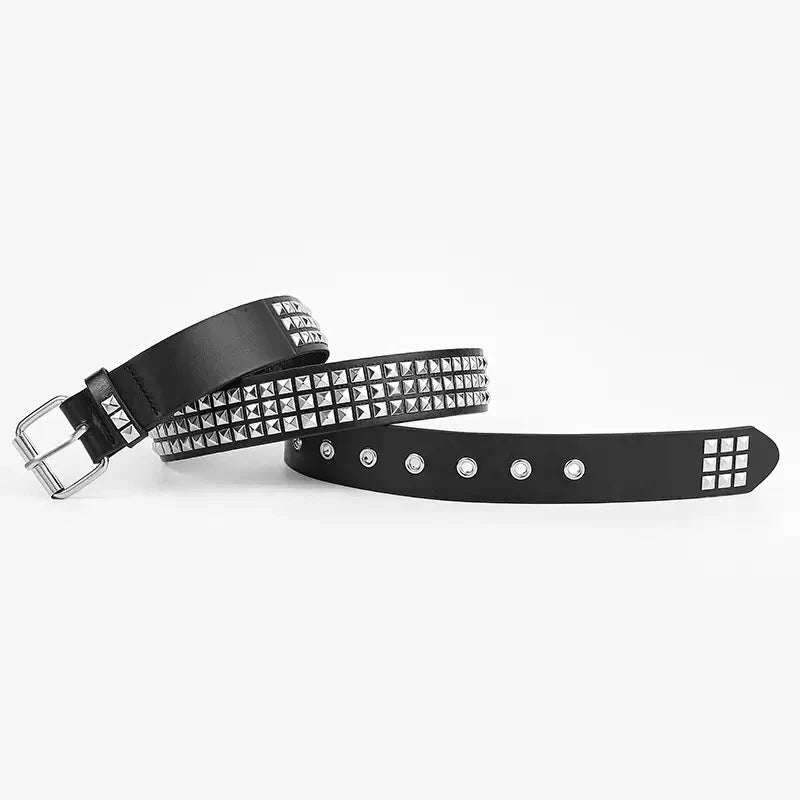 Sanhoostudio belt featuring pyramid stud detailing, premium faux leather construction, and a gothic-inspired design. Perfect for punk, streetwear, and alternative fashion styling with durable everyday wear.
