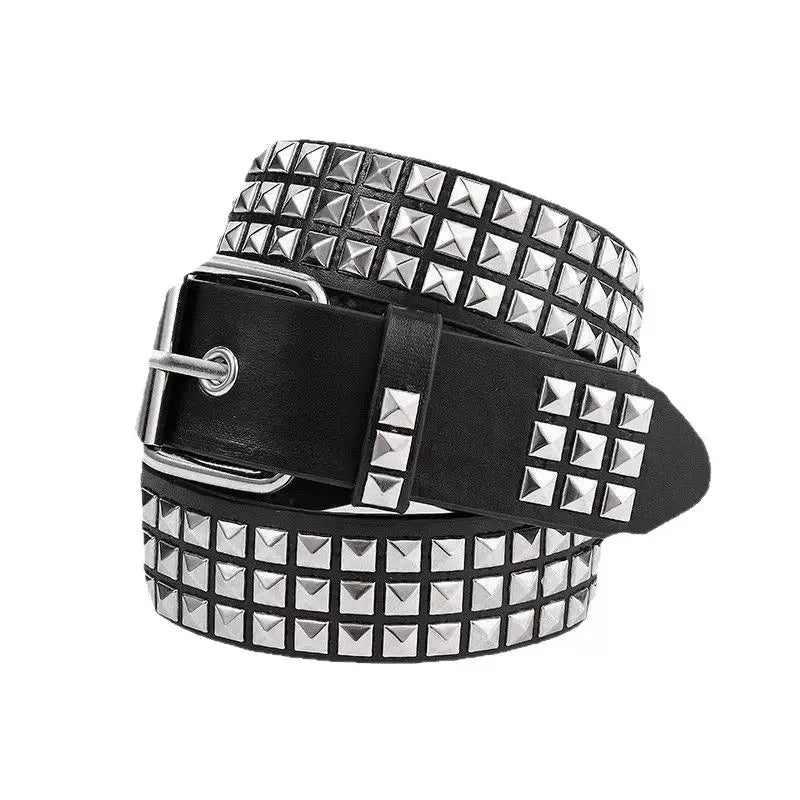 Sanhoostudio belt featuring pyramid stud detailing, premium faux leather construction, and a gothic-inspired design. Perfect for punk, streetwear, and alternative fashion styling with durable everyday wear.