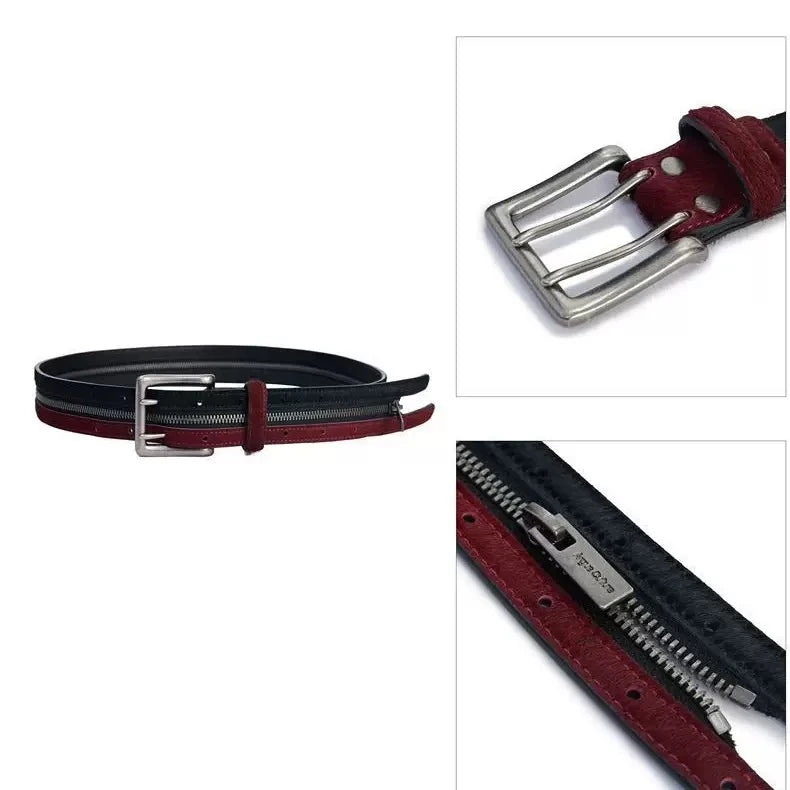 Sanhoostudio belt featuring hair-on leather texture, dual zipper detailing, and a premium vintage-inspired design. Crafted for standout streetwear styling with durable construction and bold fashion appeal.