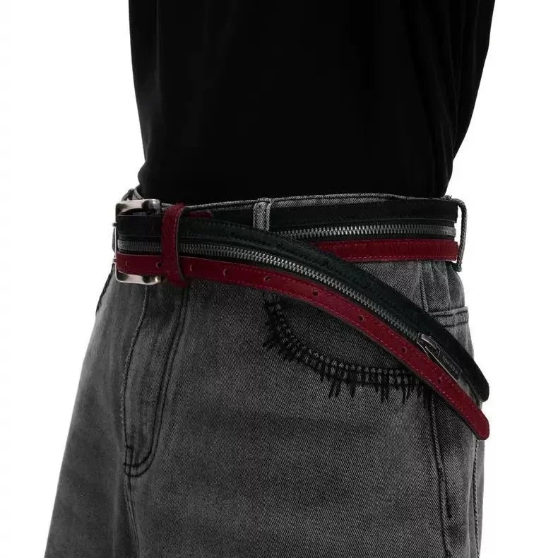 Sanhoostudio belt featuring hair-on leather texture, dual zipper detailing, and a premium vintage-inspired design. Crafted for standout streetwear styling with durable construction and bold fashion appeal.