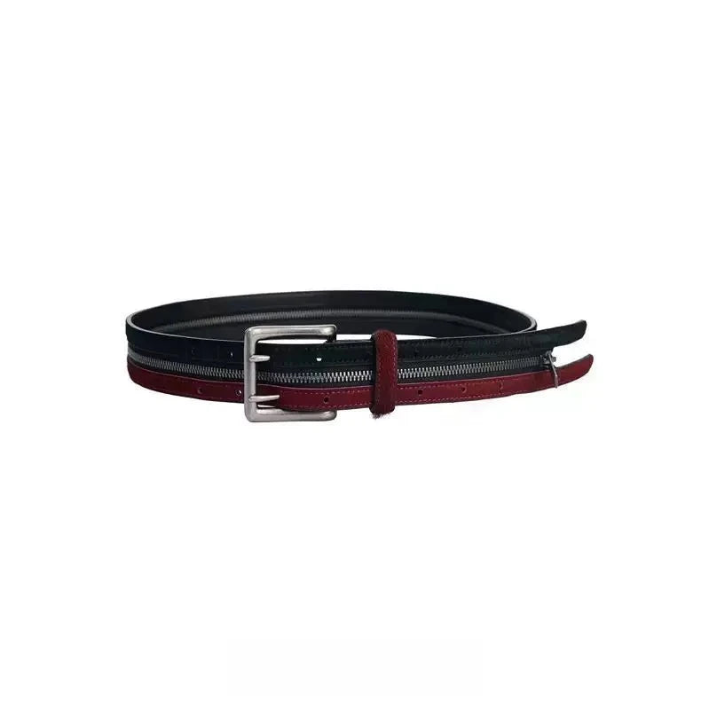 Sanhoostudio belt featuring hair-on leather texture, dual zipper detailing, and a premium vintage-inspired design. Crafted for standout streetwear styling with durable construction and bold fashion appeal.