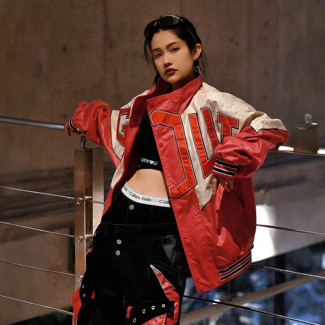 Sanhoostudio jacket featuring embroidered detailing, contrast colorblock panels, and a structured stand collar with a relaxed fit. Designed for fall and winter streetwear styling, combining motorcycle-inspired attitude with versatile everyday comfort and bold urban appeal.