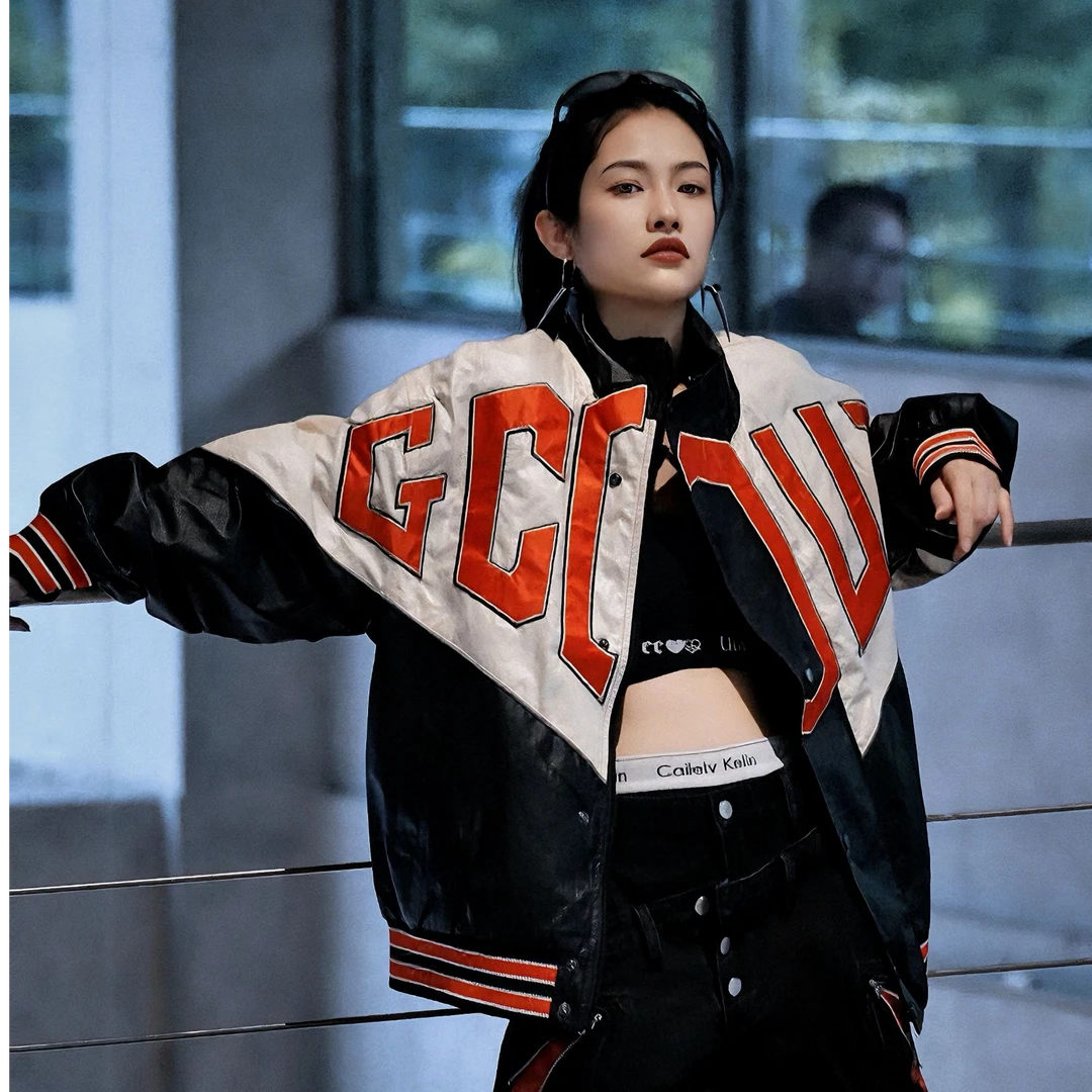 Sanhoostudio jacket featuring embroidered detailing, contrast colorblock panels, and a structured stand collar with a relaxed fit. Designed for fall and winter streetwear styling, combining motorcycle-inspired attitude with versatile everyday comfort and bold urban appeal.