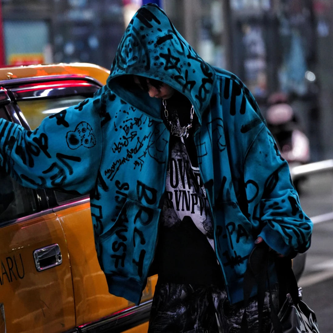 Sanhoostudio long sleeve cardigan featuring statement graphic artwork, an open-front design, and a relaxed wide oversized silhouette. Built for contemporary streetwear layering with comfortable movement, bold visual character, and effortless high-street styling.
