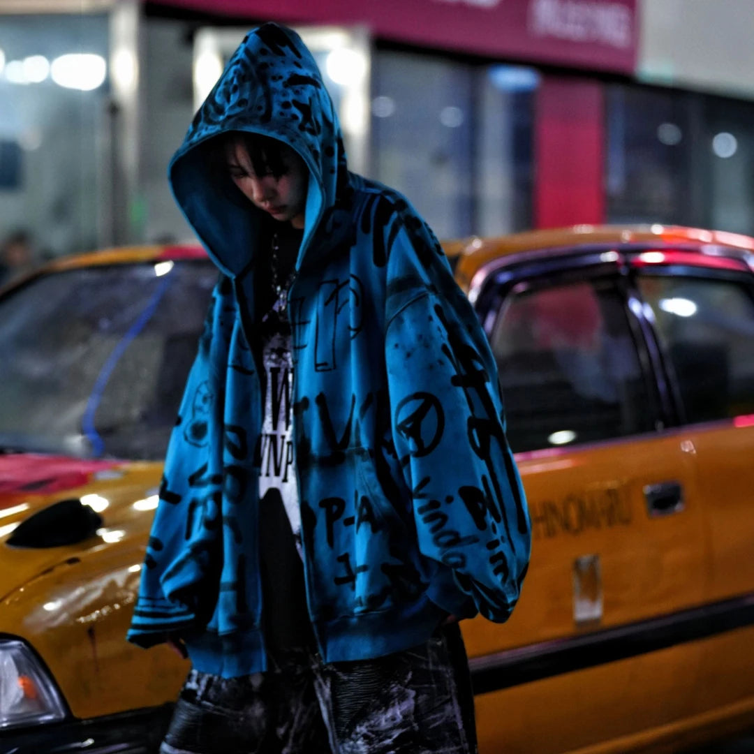 Sanhoostudio long sleeve cardigan featuring statement graphic artwork, an open-front design, and a relaxed wide oversized silhouette. Built for contemporary streetwear layering with comfortable movement, bold visual character, and effortless high-street styling.