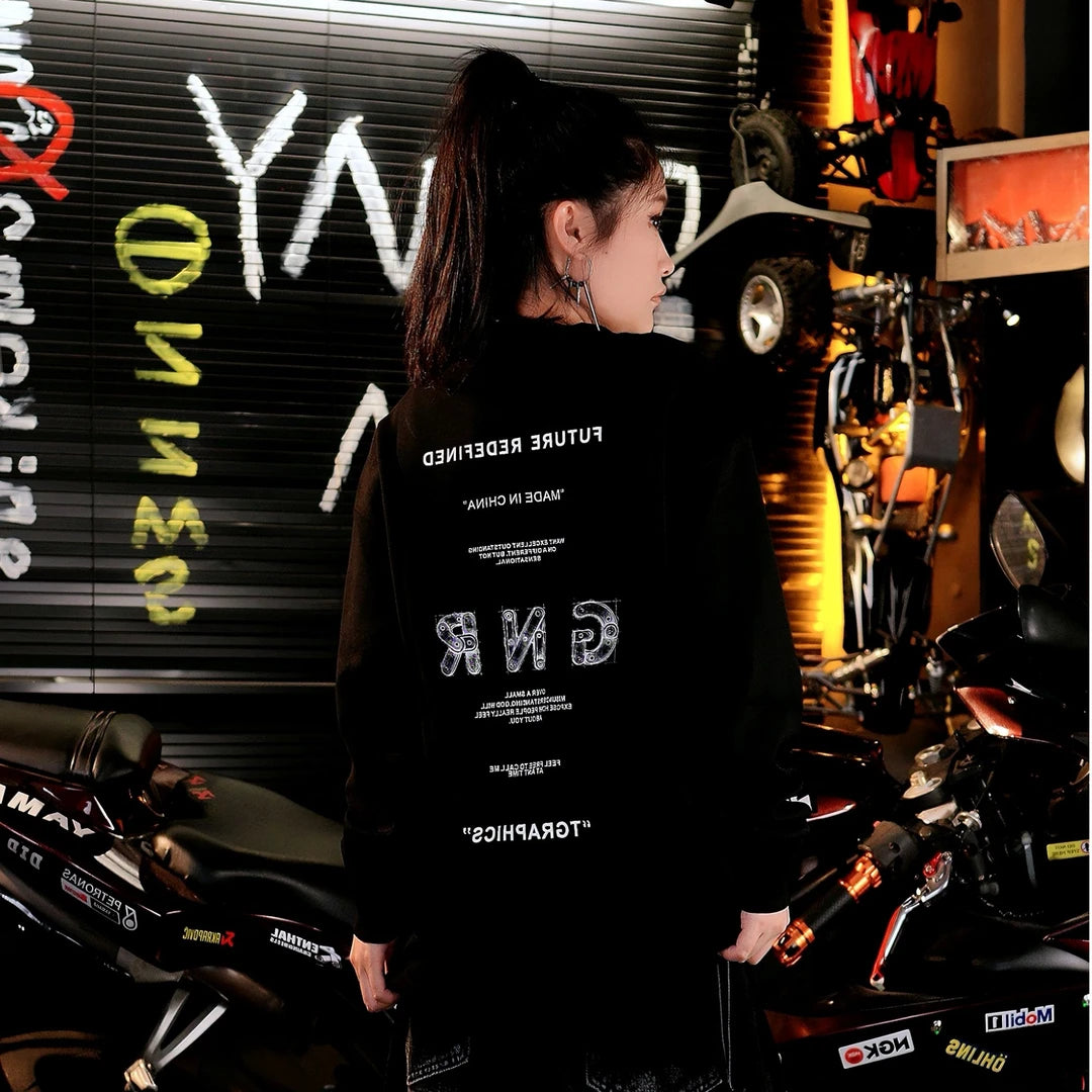 Sanhoostudio long sleeve sweatshirt featuring a relaxed unisex silhouette and vintage American-inspired streetwear aesthetic. Designed for comfortable fall and winter layering with versatile everyday styling and an effortless oversized look.