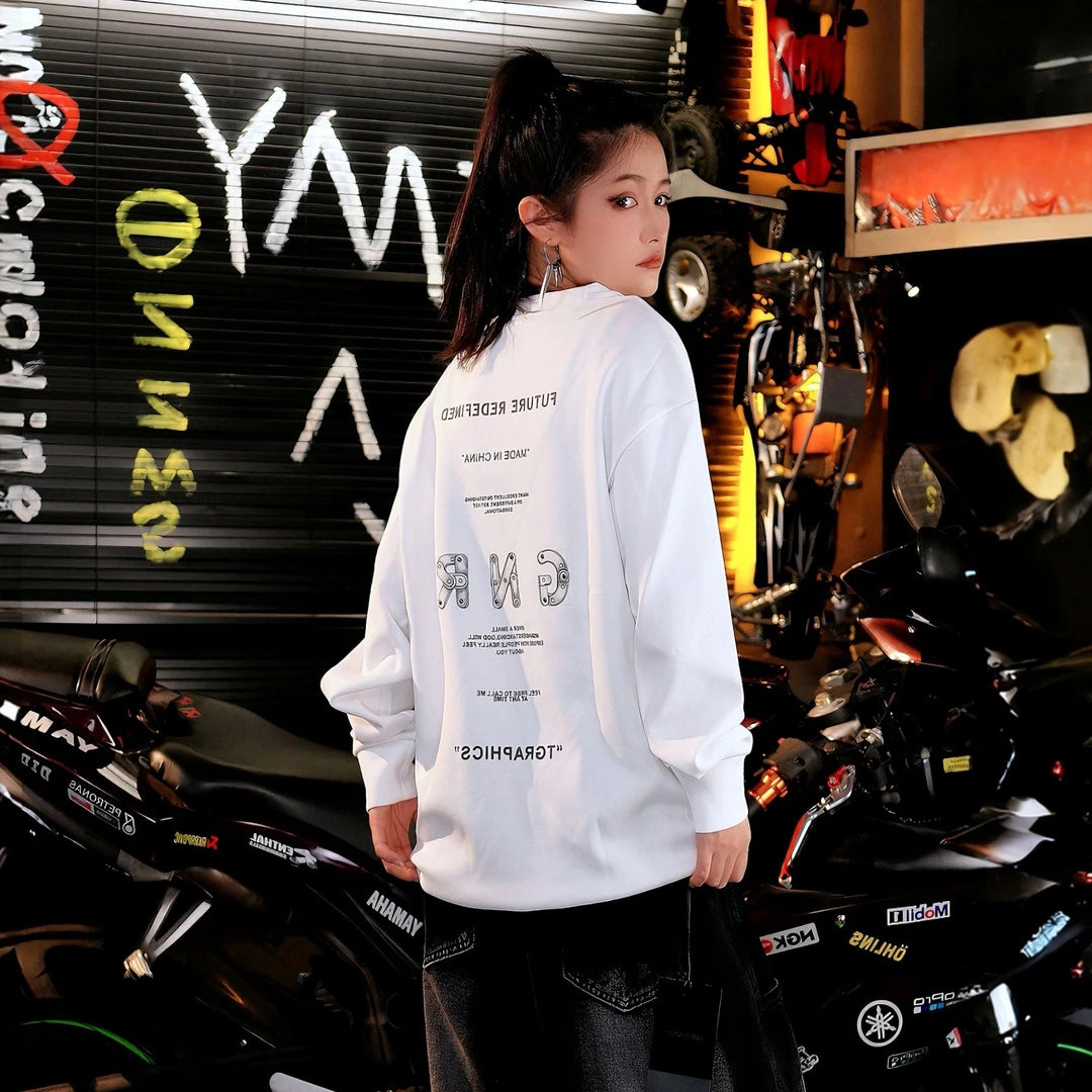 Sanhoostudio long sleeve sweatshirt featuring a relaxed unisex silhouette and vintage American-inspired streetwear aesthetic. Designed for comfortable fall and winter layering with versatile everyday styling and an effortless oversized look.