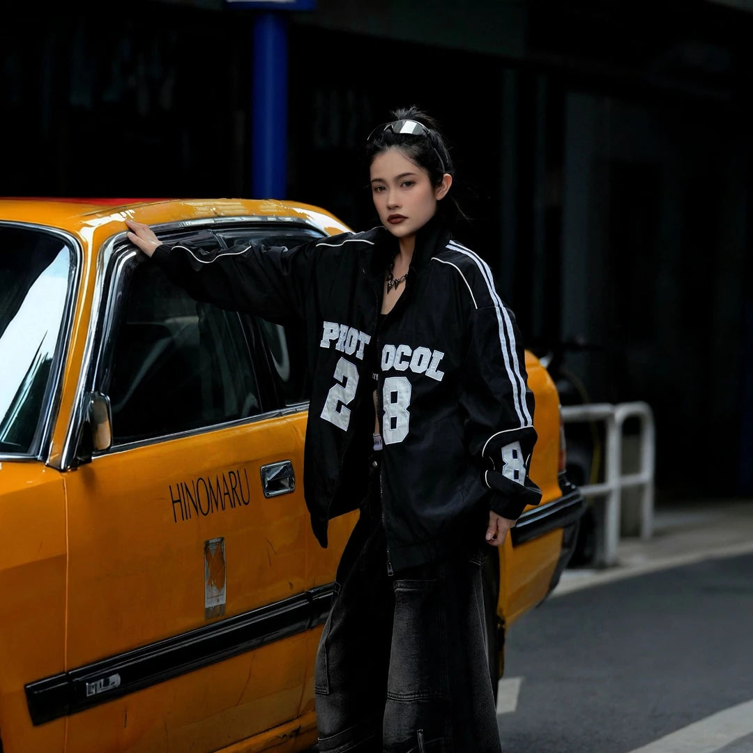 Sanhoostudio jacket featuring vintage-inspired contrast stripes, colorblock construction, a stand collar, and a zip-up front with a relaxed oversized fit. Designed for high-street layering with retro character, everyday comfort, and bold urban styling.