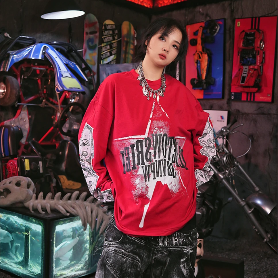 Sanhoostudio long sleeve T-shirt featuring dollar-inspired digital graphics, lightweight construction, and a relaxed oversized fit. Designed for effortless layering and hip-hop streetwear styling with comfortable everyday wear, bold visual character, and versatile seasonal appeal.