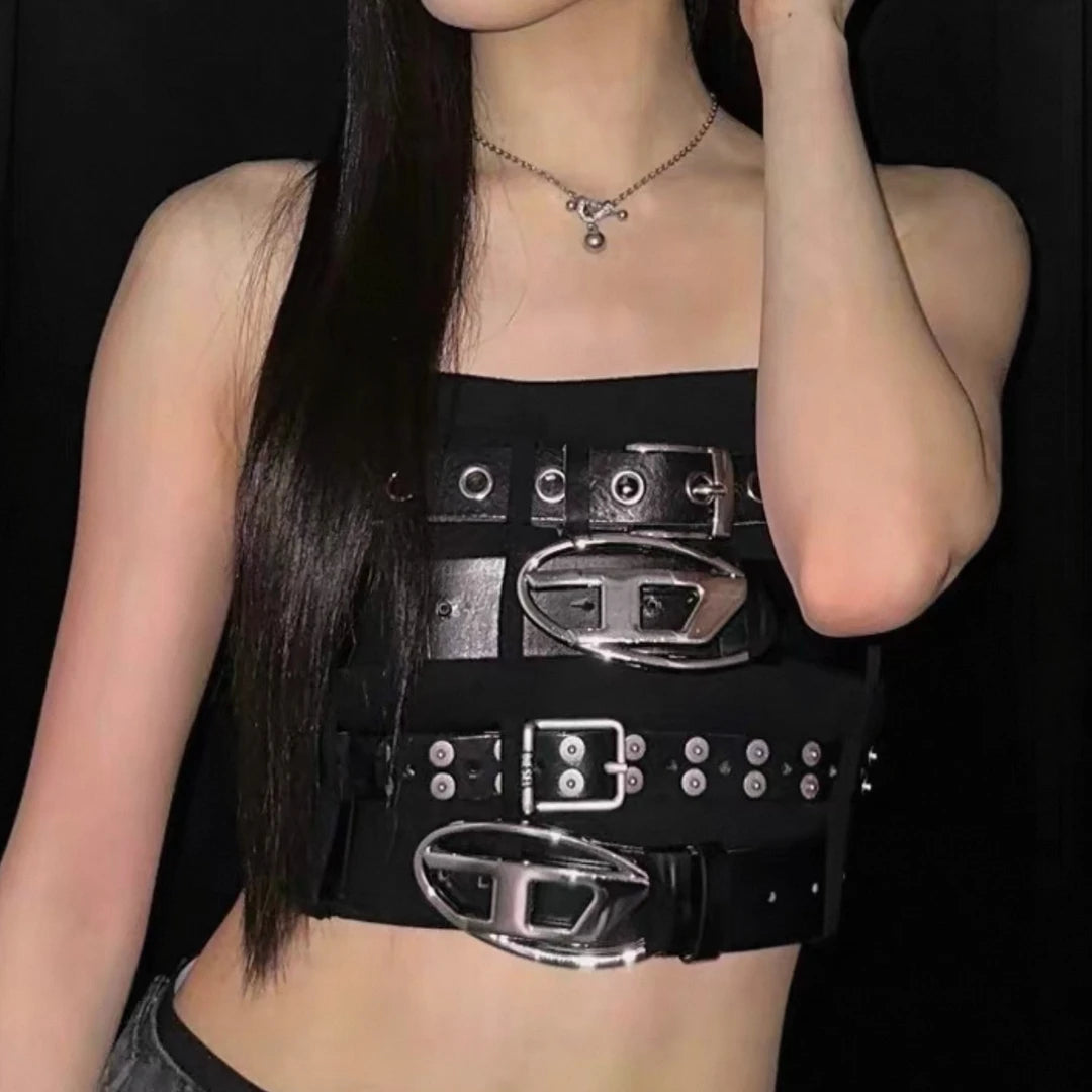 Sanhoostudio tube top featuring statement metal buckle detailing and a fitted cropped silhouette inspired by Y2K and cyberpunk aesthetics. Designed for bold streetwear styling with a sleek futuristic look, versatile layering potential, and standout fashion appeal.