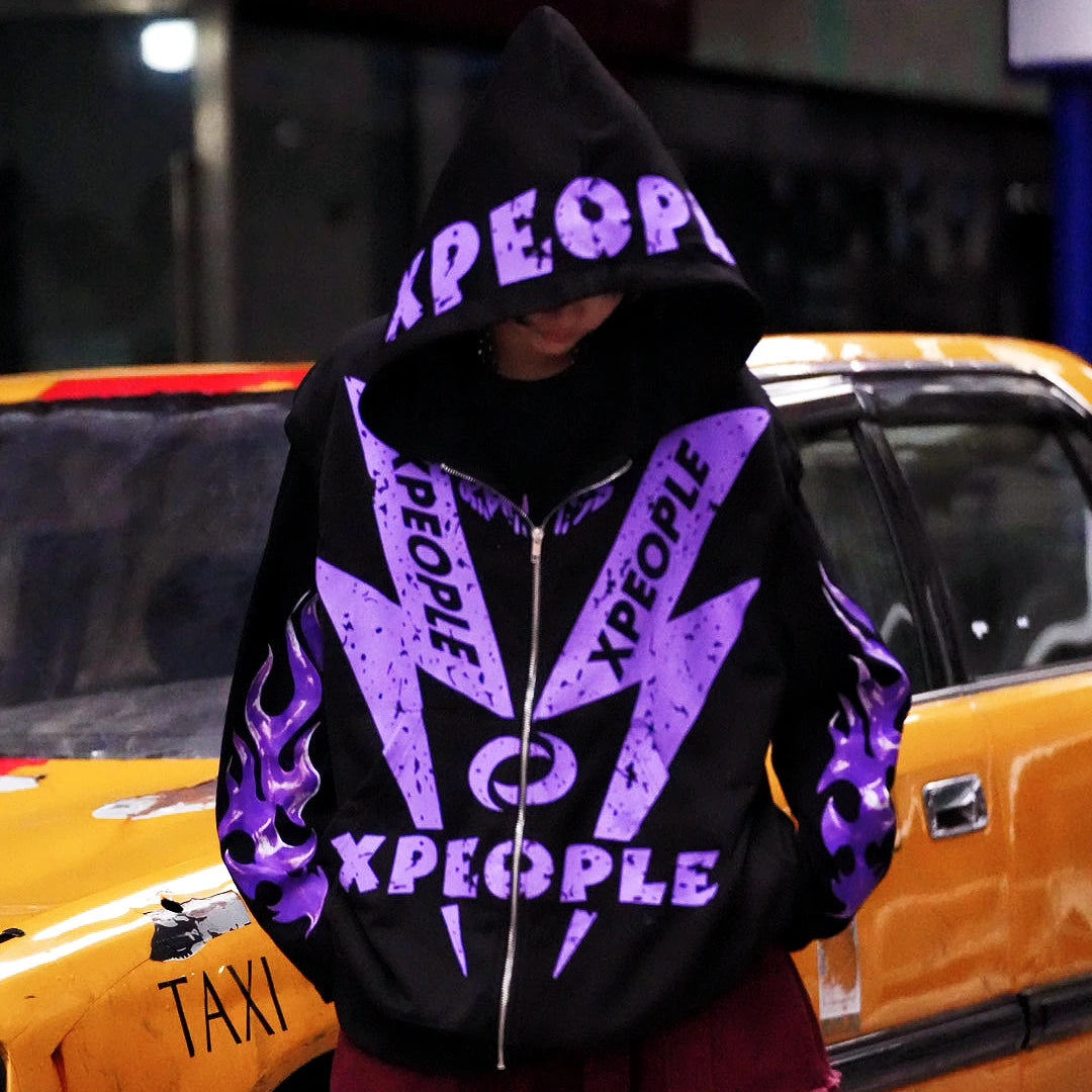 Sanhoostudio vest featuring purple graphic detailing, an open-front design, and a relaxed oversized silhouette. Designed for bold streetwear layering with comfortable movement, versatile styling, and a distinctive urban aesthetic inspired by contemporary hip-hop fashion.