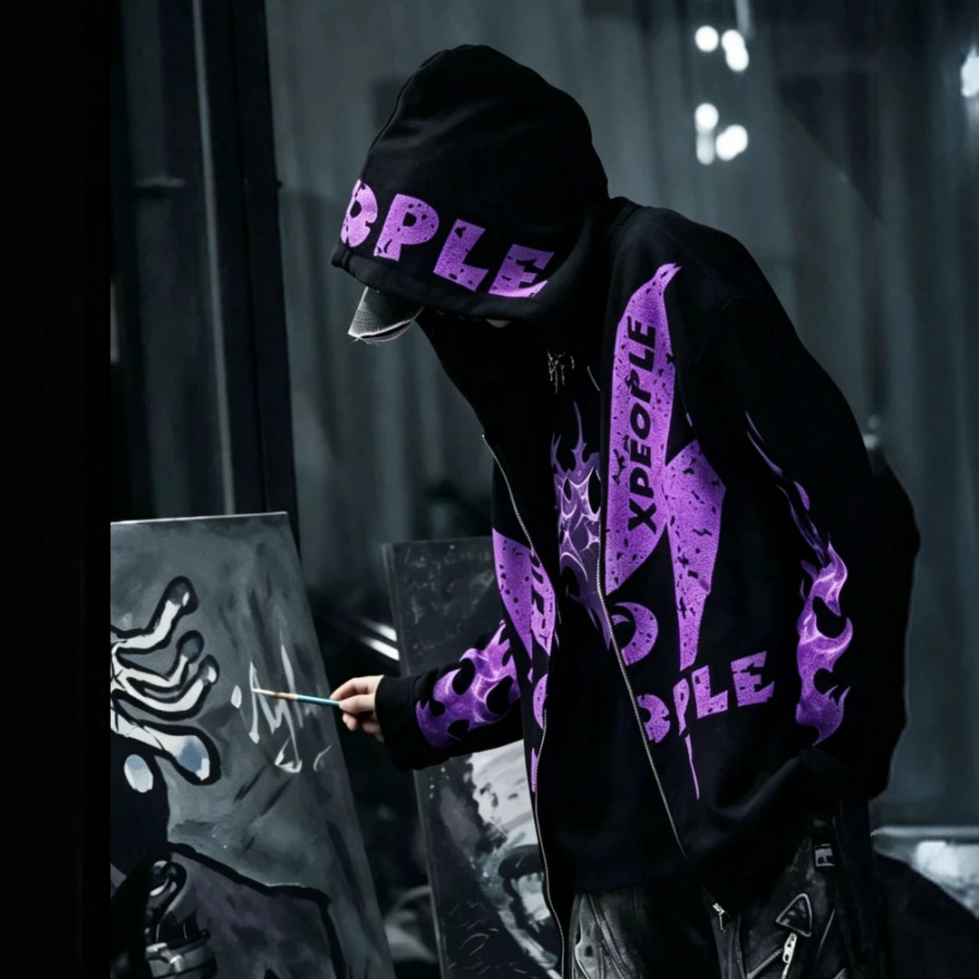 Sanhoostudio vest featuring purple graphic detailing, an open-front design, and a relaxed oversized silhouette. Designed for bold streetwear layering with comfortable movement, versatile styling, and a distinctive urban aesthetic inspired by contemporary hip-hop fashion.