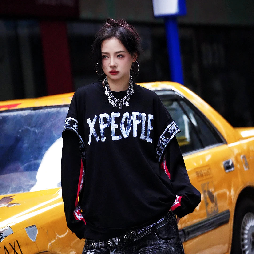 Sanhoostudio short sleeve T-shirt featuring hand-painted graphic artwork, contrast patchwork detailing, and a relaxed oversized silhouette. Designed for expressive streetwear styling with breathable everyday comfort, bold visual texture, and versatile urban appeal.