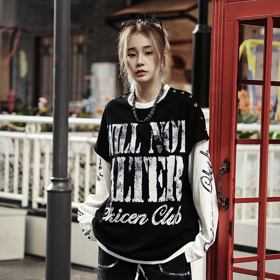 Sanhoostudio long sleeve T-shirt featuring graffiti letter graphics, a layered two-piece effect, and a relaxed oversized silhouette. Designed for American-inspired streetwear styling with comfortable fall wear, bold graphic character, and effortless everyday versatility.