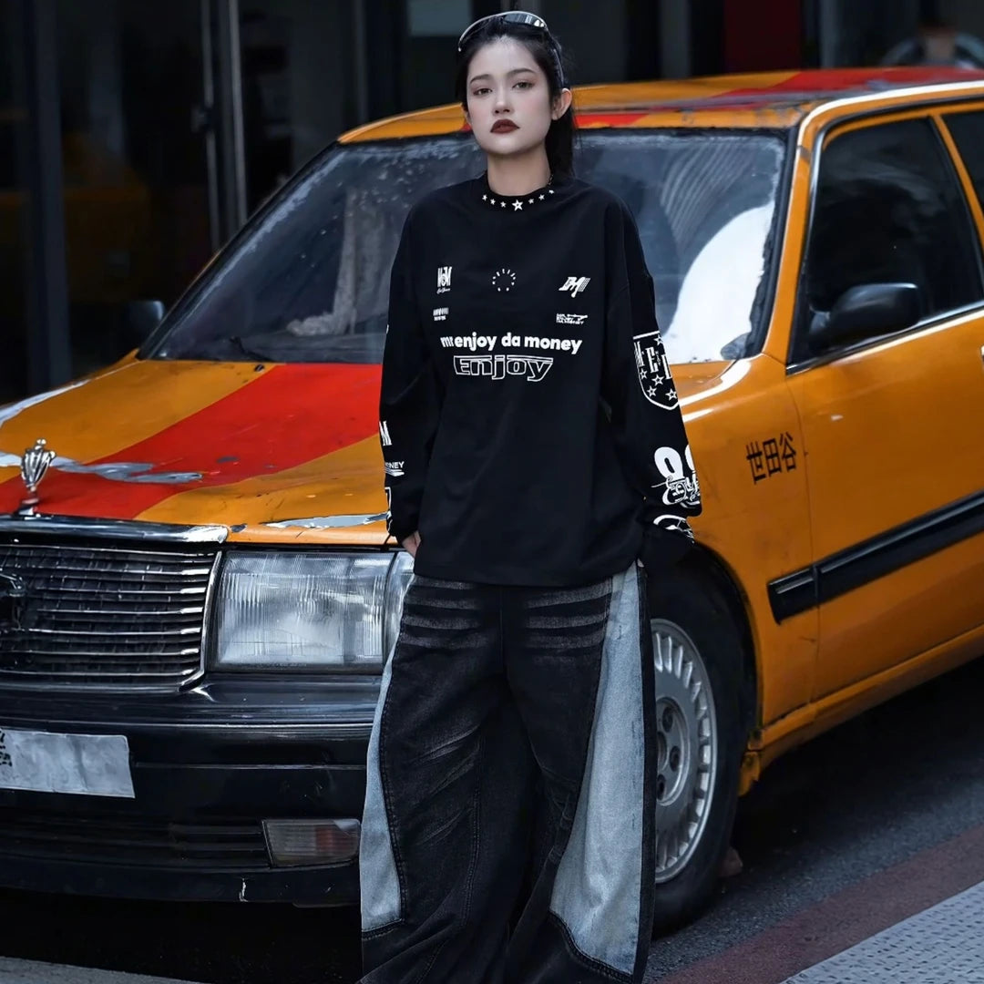 Sanhoostudio long sleeve T-shirt featuring vintage-inspired graphic artwork and a relaxed oversized silhouette. Designed for dark streetwear styling and versatile layering with comfortable everyday wear, distinctive visual character, and an effortless high-street aesthetic.