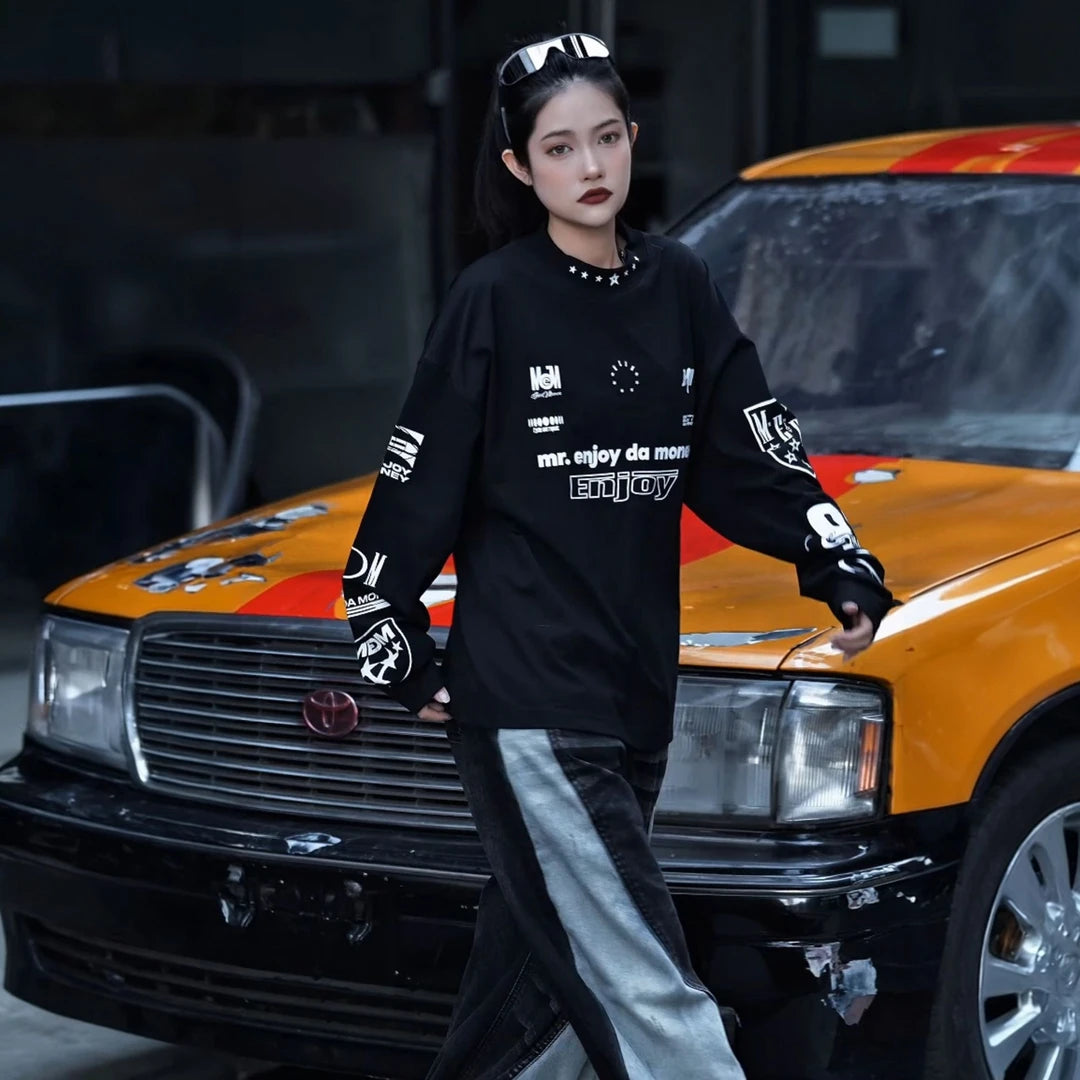 Sanhoostudio long sleeve T-shirt featuring vintage-inspired graphic artwork and a relaxed oversized silhouette. Designed for dark streetwear styling and versatile layering with comfortable everyday wear, distinctive visual character, and an effortless high-street aesthetic.