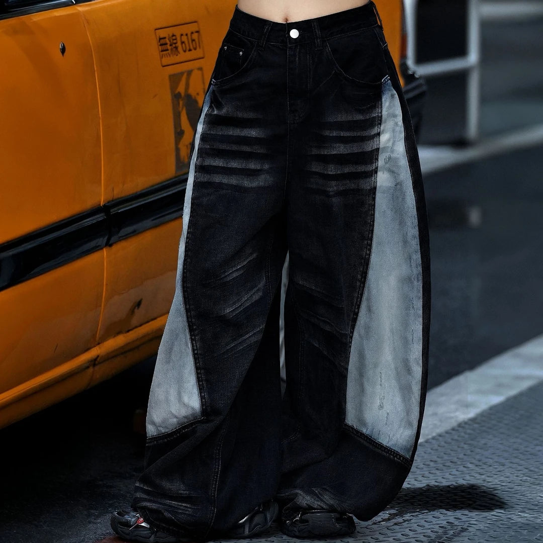 Sanhoostudio denim pants featuring heavy washed treatment, contrast patchwork construction, and a relaxed wide leg floor-length silhouette. Designed for vintage-inspired streetwear styling with rugged denim texture, oversized proportions, comfortable movement, and bold urban character.
