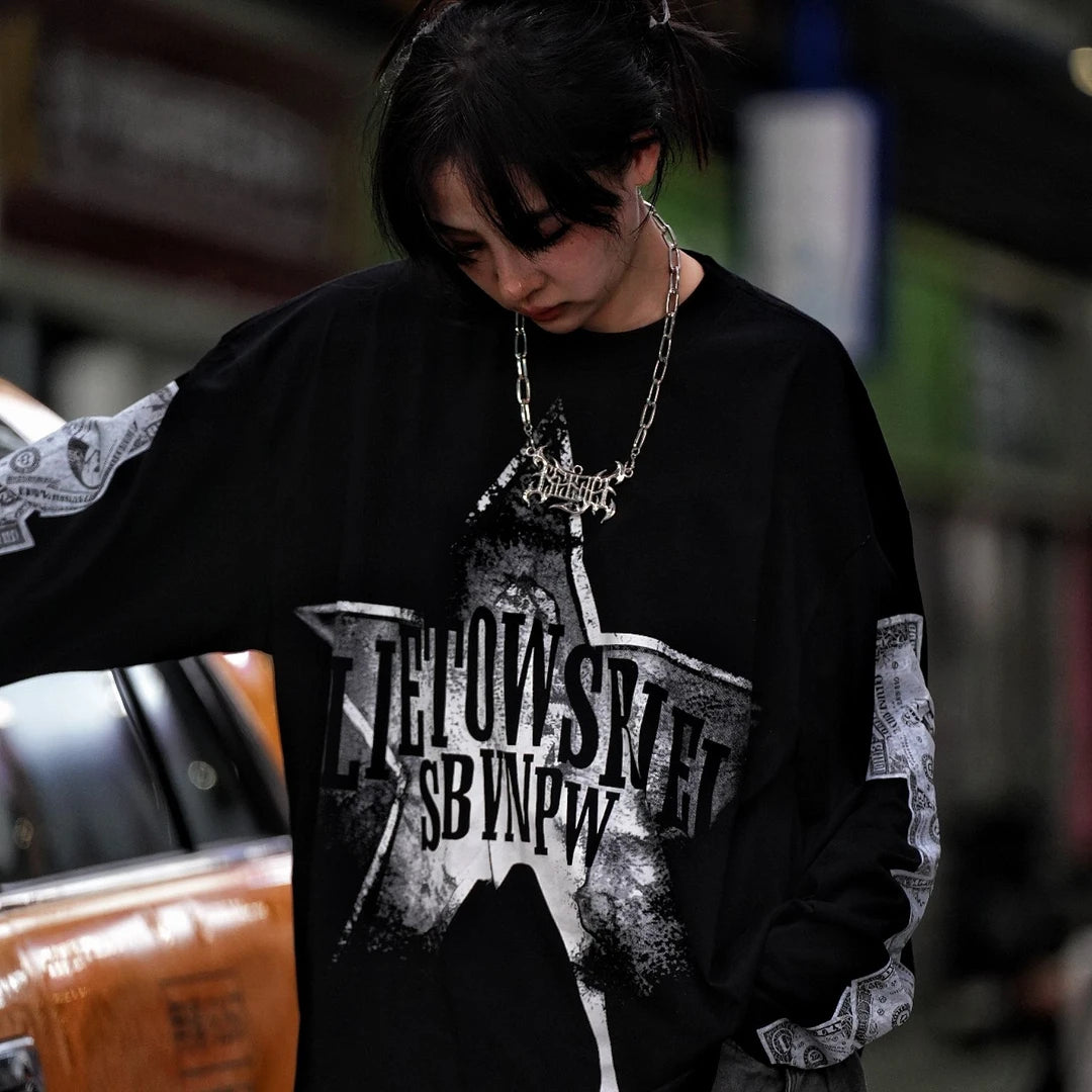Sanhoostudio long sleeve T-shirt featuring dollar-inspired digital graphics, lightweight fabric construction, and a relaxed oversized silhouette. Designed for effortless layering and streetwear styling with breathable comfort, bold visual character, and versatile everyday wear.